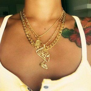 Nefertiti Africa Gold Layered Necklace Chain Set